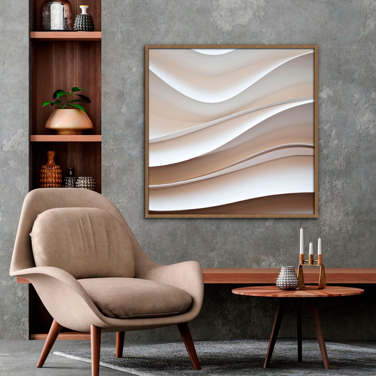 Quadro Abstrato Ondas Suaves em Tons Neutros e Refinados com Moldura e Vidro Quadro Abstrato Ondas Suaves em Tons Neutros e Refinados com Moldura e Vidro