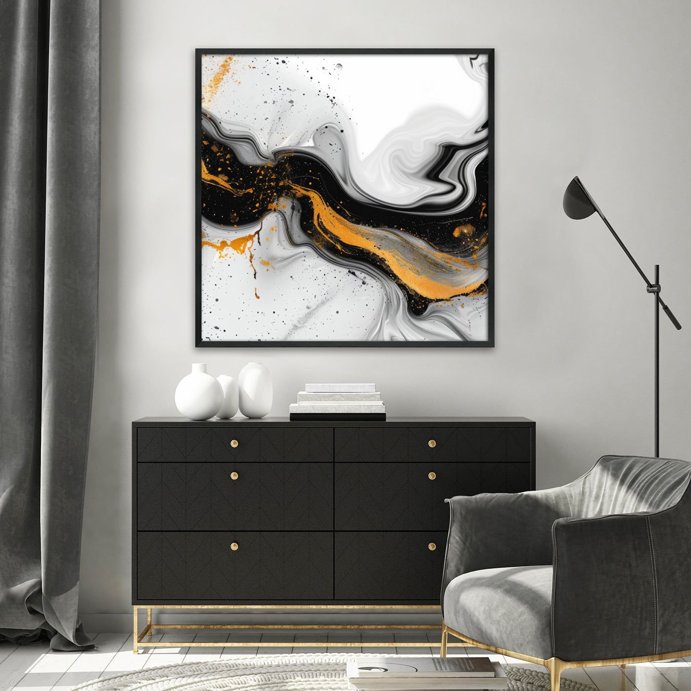 Quadro Abstrato Preto e Ouro com Brilho Metálico Contemporâneo Moldura e Vidro Quadro Abstrato Preto e Ouro com Brilho Metálico Contemporâneo Moldura e Vidro