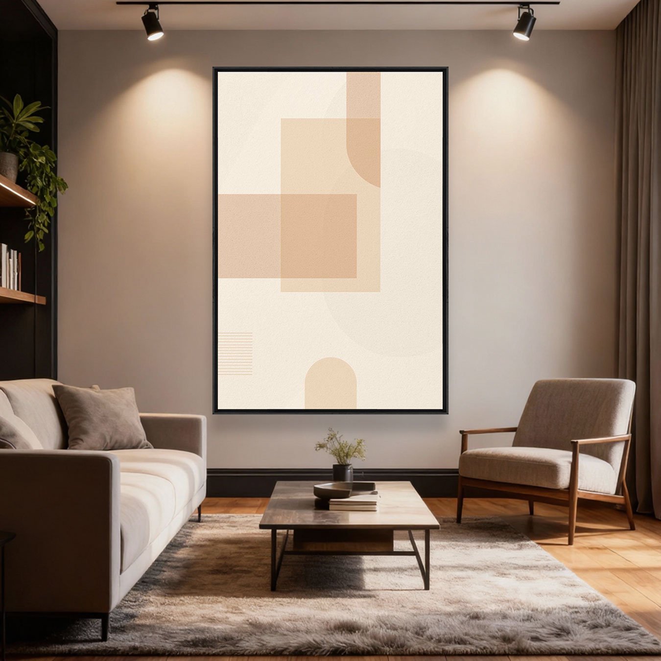 Quadro Arte Abstrata Minimalista Bege Geométrico com Curvas Decoração Moderna
