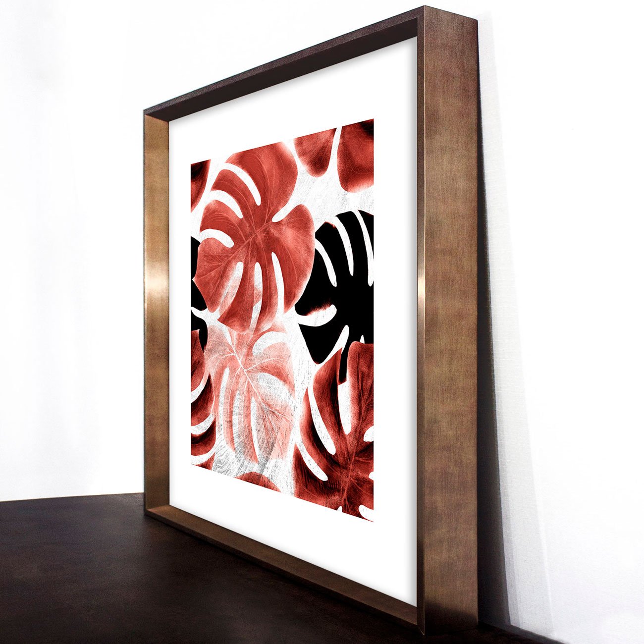 Quadro com Moldura Bronze Folhas Costela de Adão 80x80 cm Quadro com Moldura Bronze Folhas Costela de Adão 80x80 cm