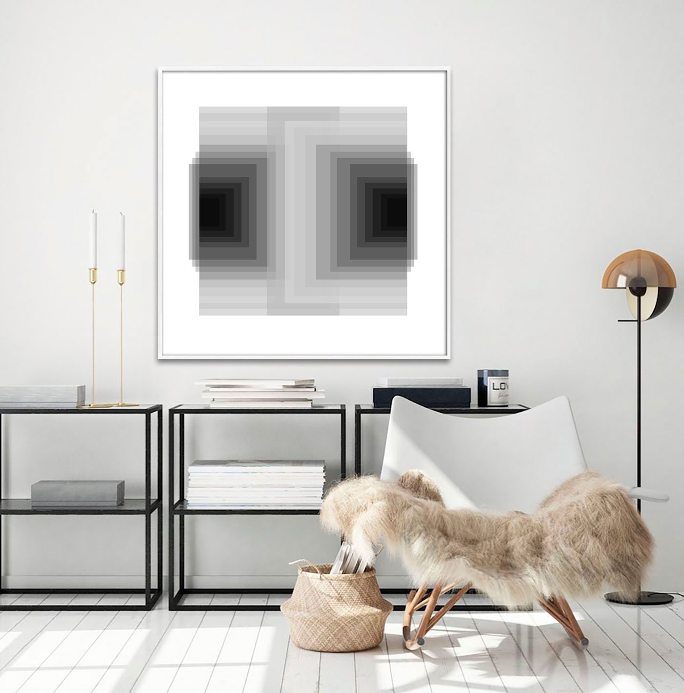 Quadro com Moldura e Vidro Geométrico Profundo Duplo Abstrato Preto e Branco Quadro com Moldura e Vidro Geométrico Profundo Duplo Abstrato Preto e Branco