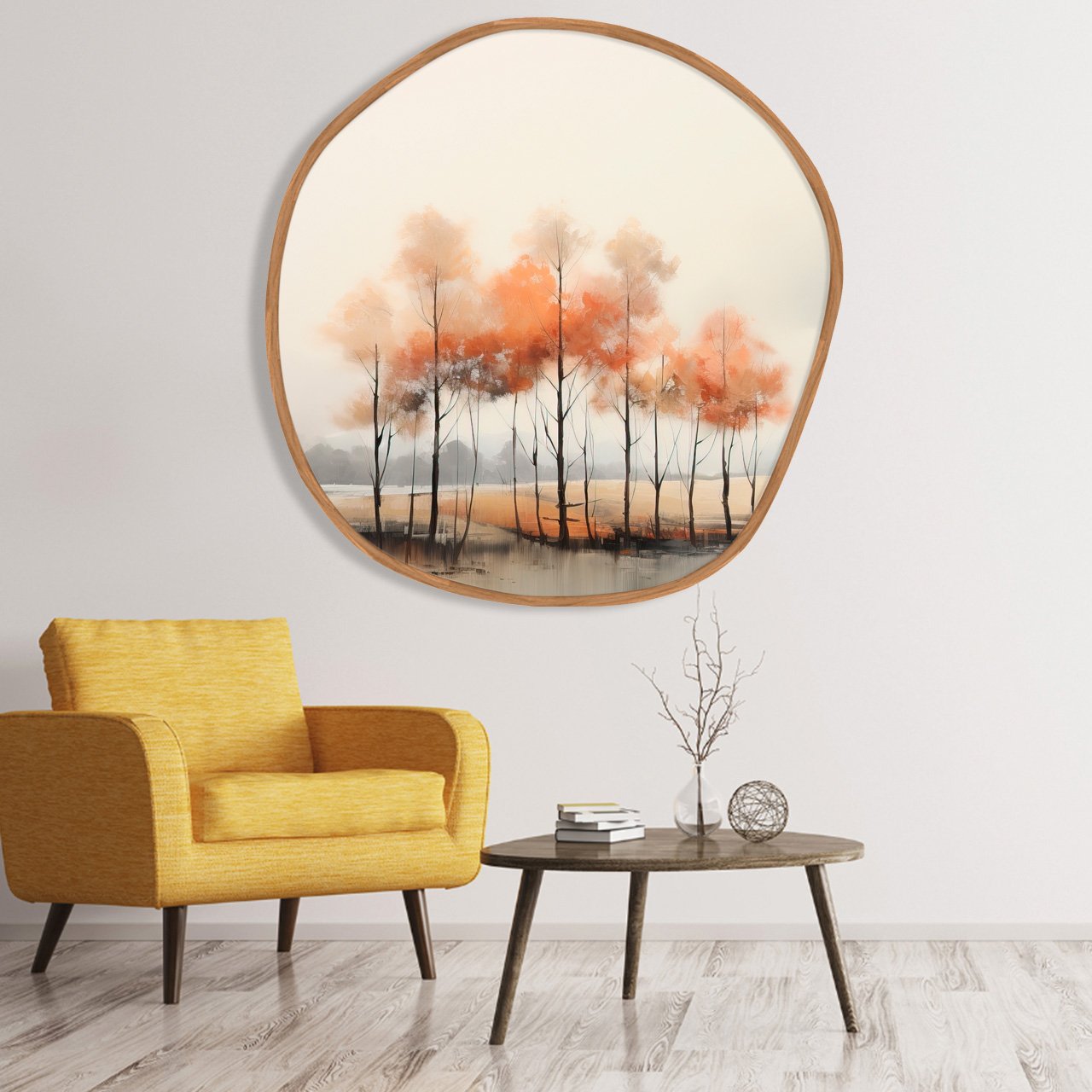 Quadro de Árvore e Lago em Tons Laranja em Formato Orgânico com Moldura Freijó | Aurora Viva