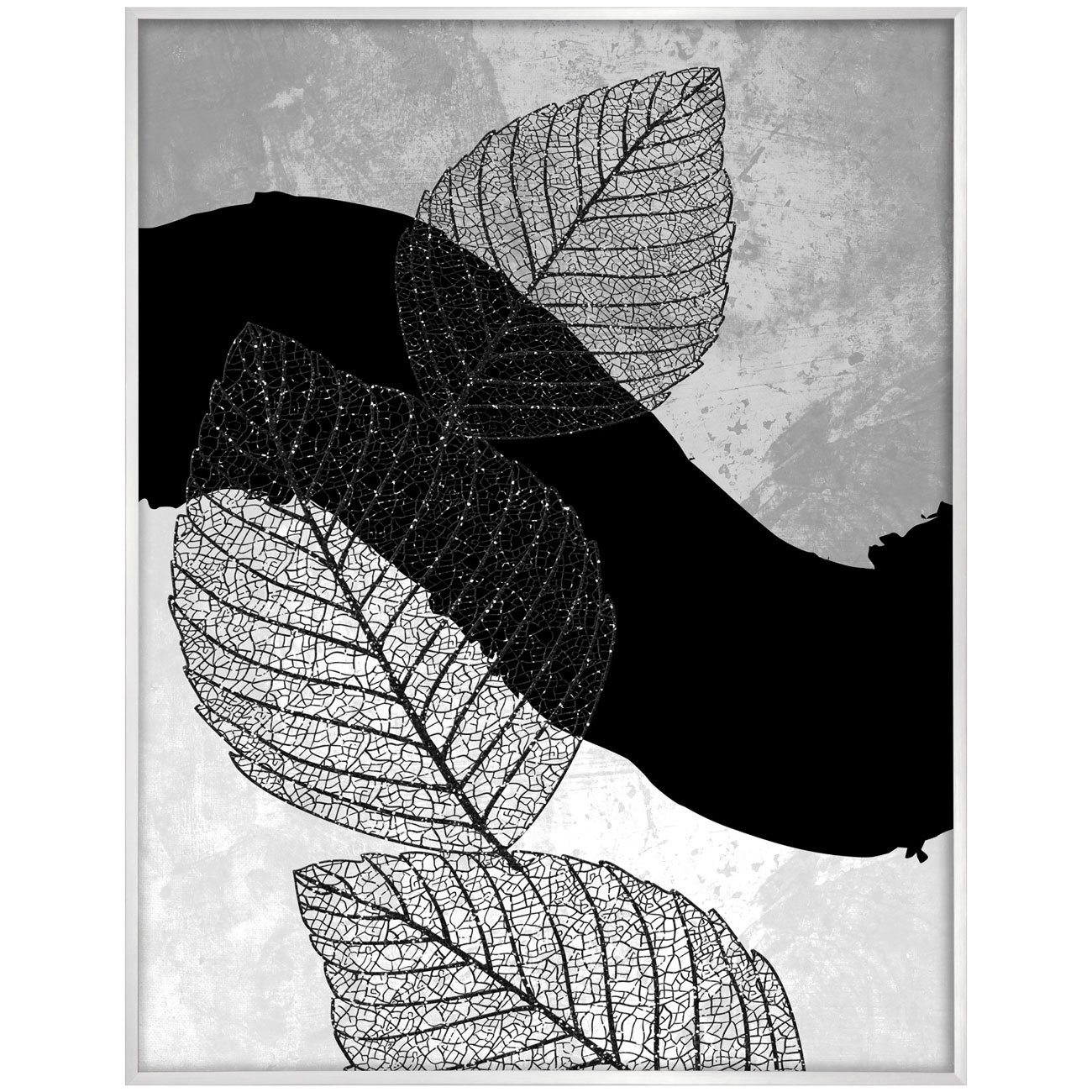 Quadro de Folhas e Arte Abstrata em Preto e Branco 70x90 cm - Decore Pronto