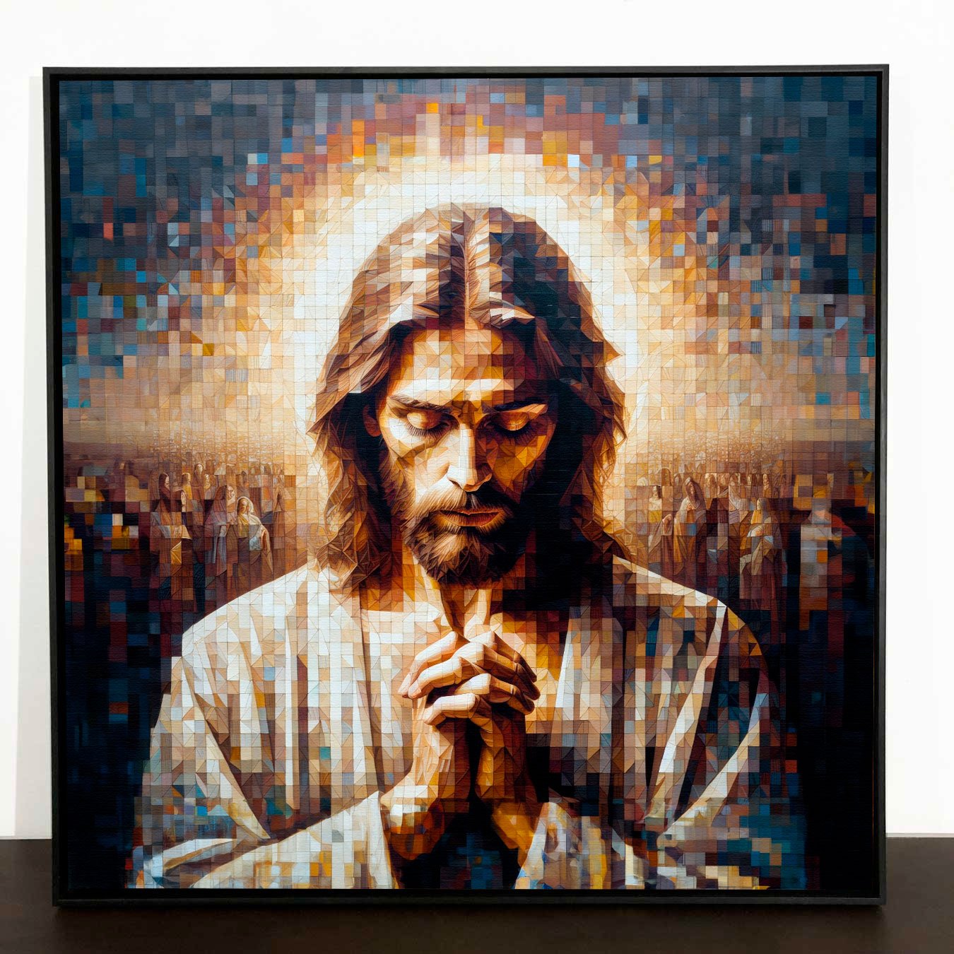 Quadro de Jesus em Canvas com Moldura Preta Arte Estilo Geométrica Colorida