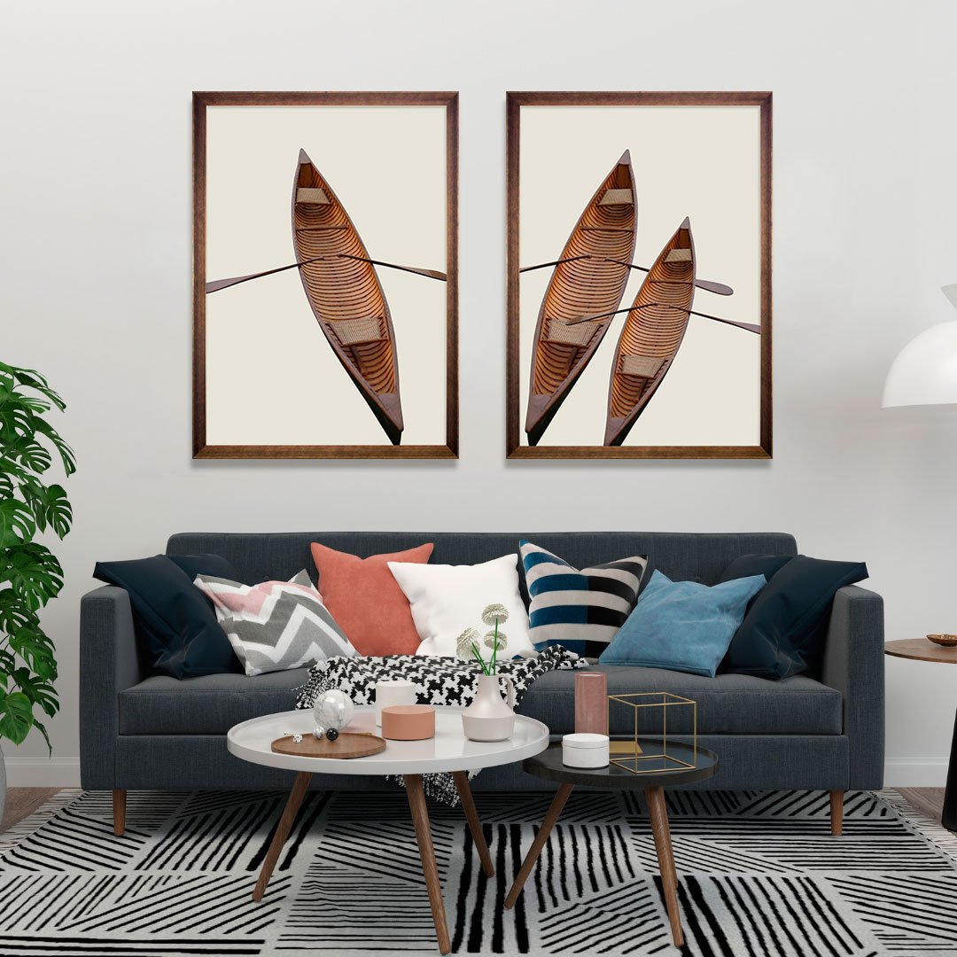 Quadro Decorativo Imagem Canoas com Moldura Chanfrada Marrom - Escolha o Tamanho