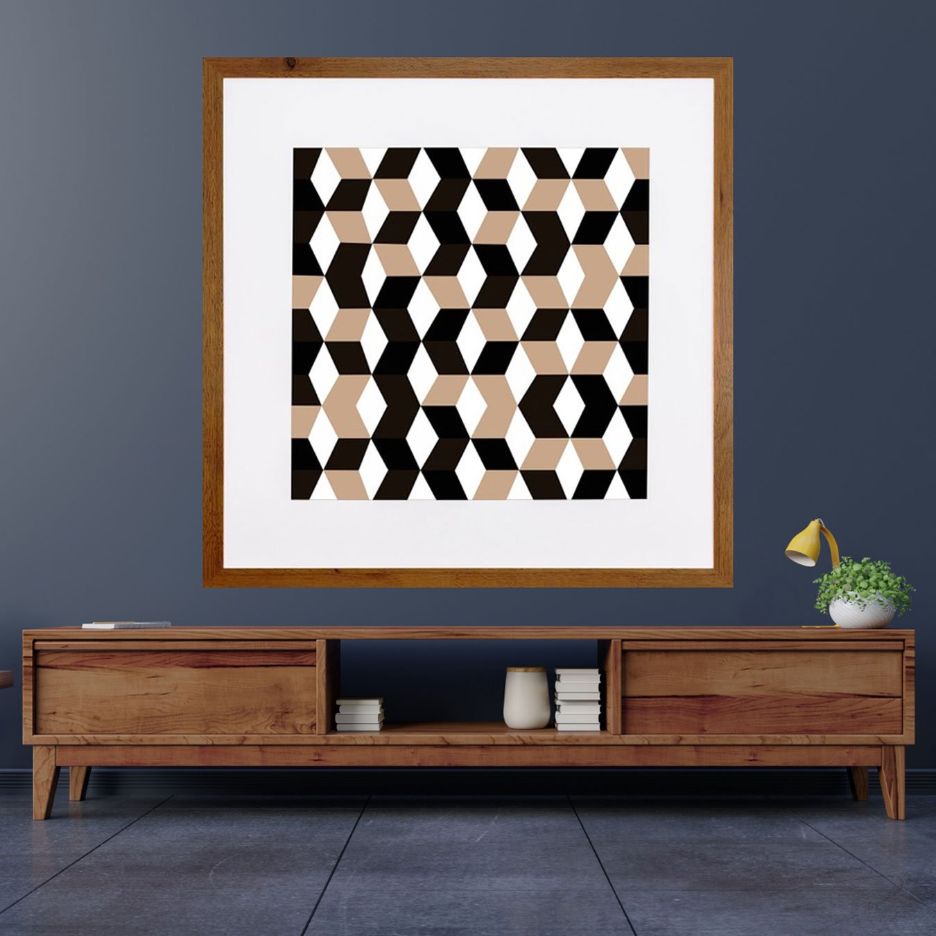 Quadro Decorativo com Moldura Rústica Arte Geométrica Colorida 70x70cm