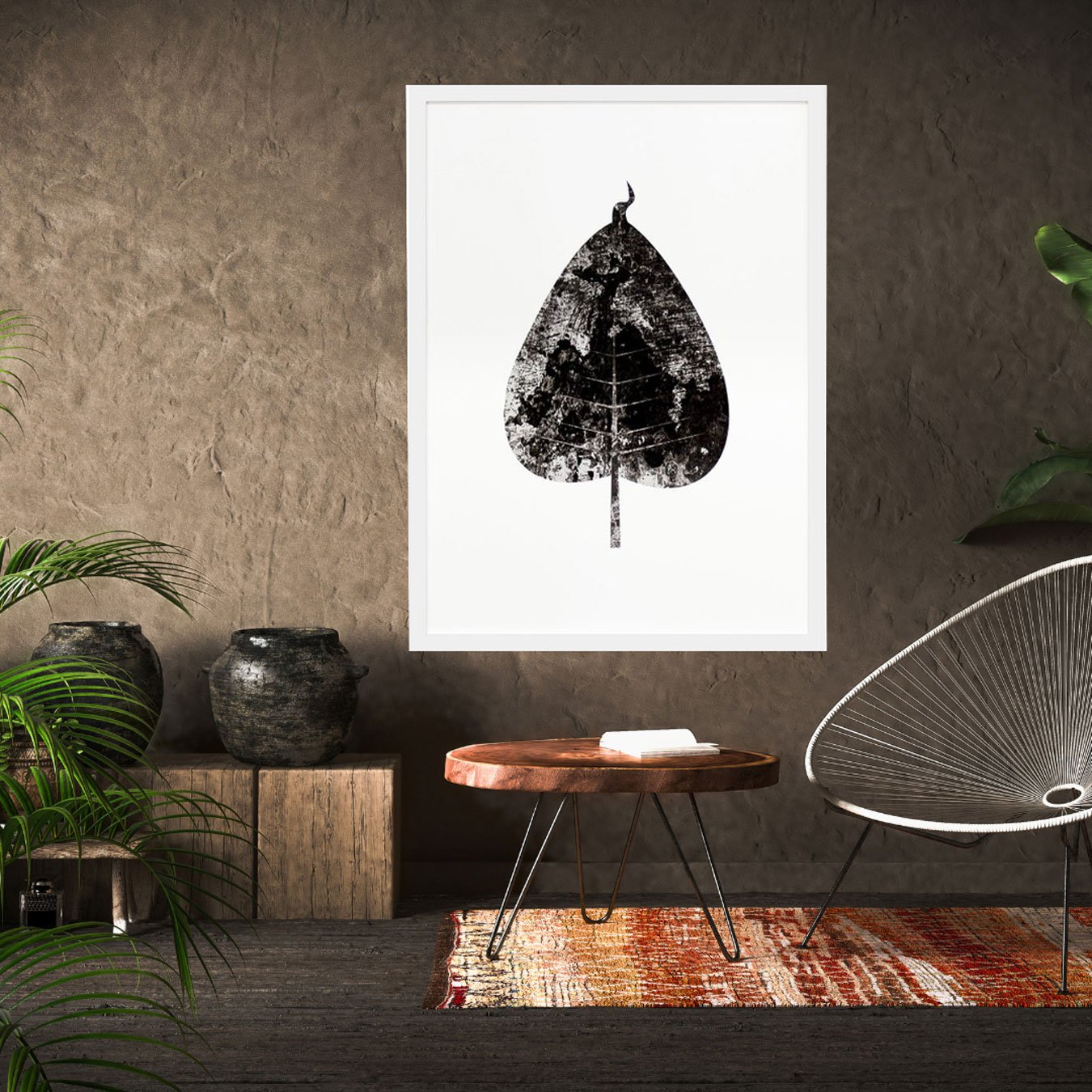 Quadro Decorativo em Preto e Branco Folha Minimalista com Moldura Branca 50x70cm