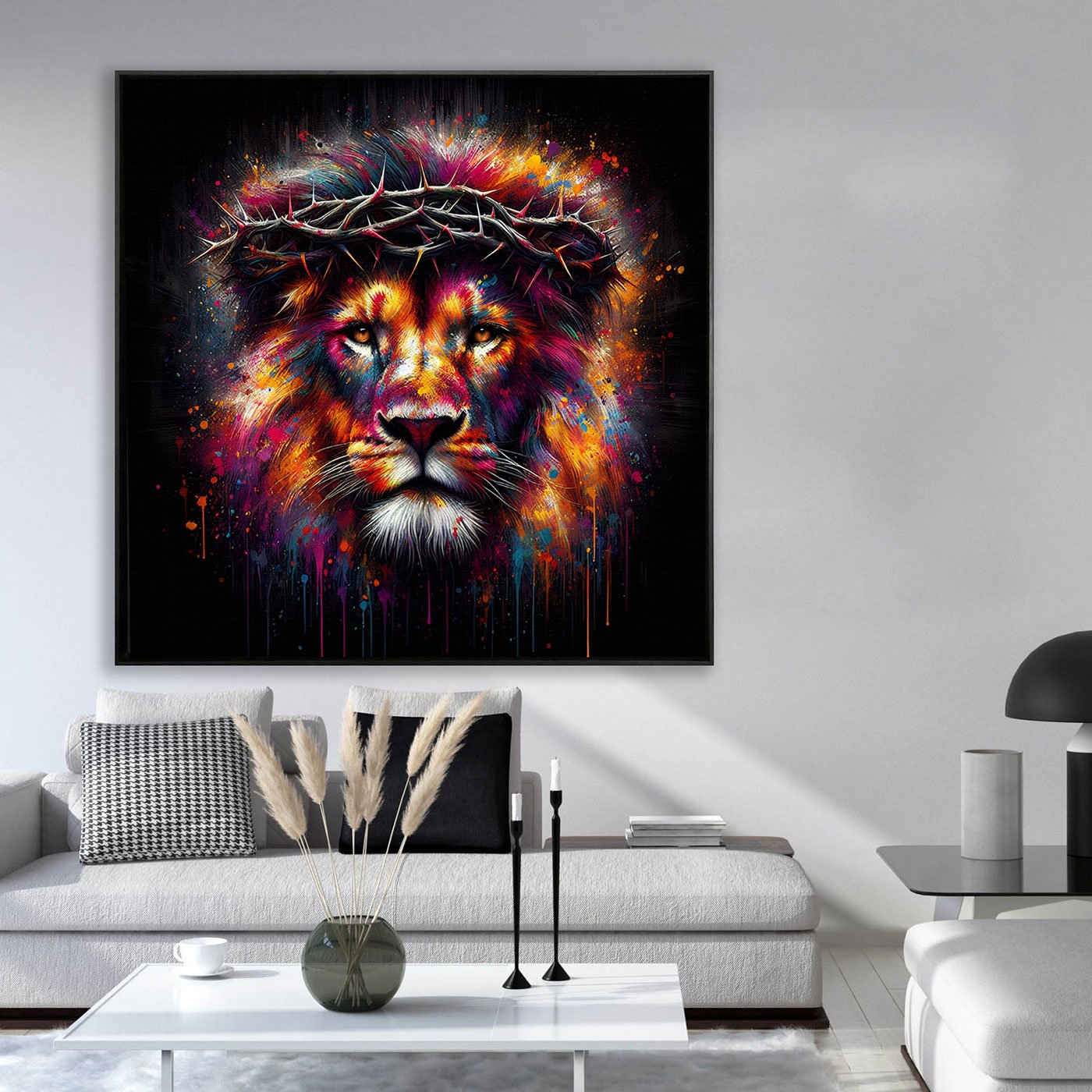 Quadro Decorativo em Tela Canvas Leão Colorido com Coroa de Espinho 120X120 CM