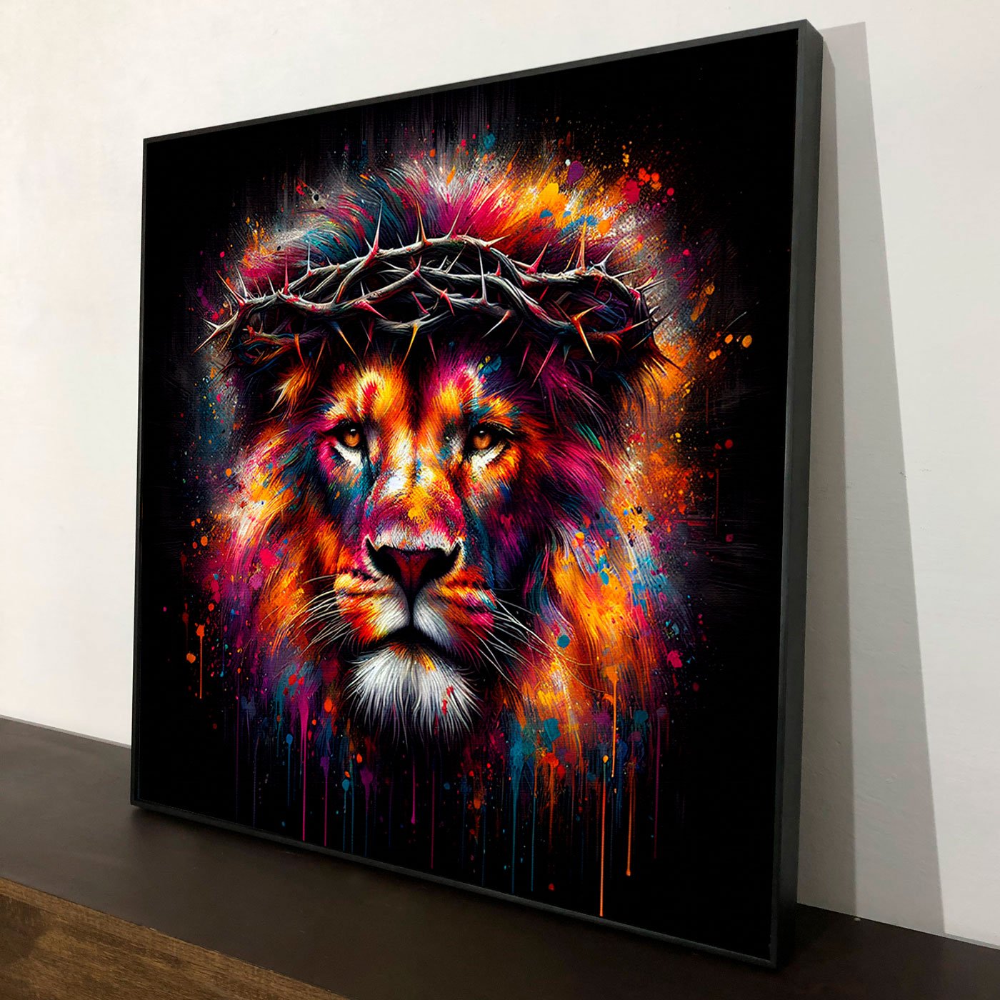 Quadro Decorativo em Tela Canvas Leão Colorido com Coroa de Espinho 120X120 CM