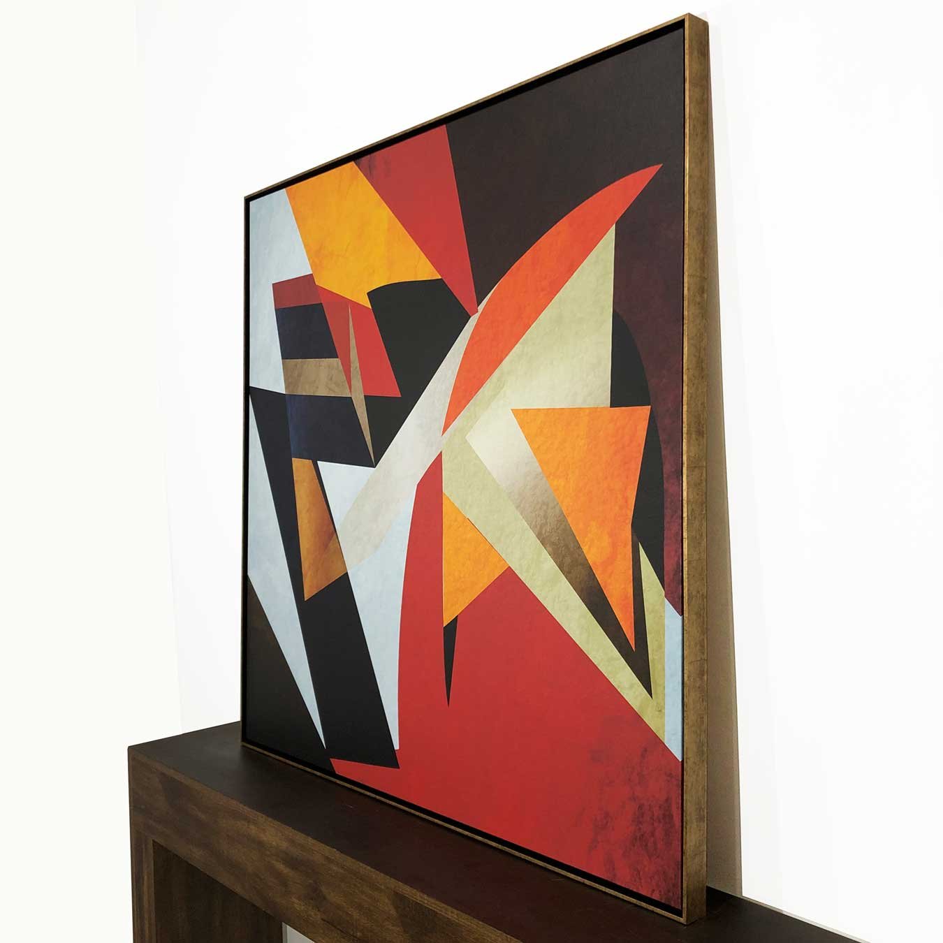 Quadro em Canvas Abstrato: Formas Geométricas Coloridas com Moldura Dourada 120x120 CM