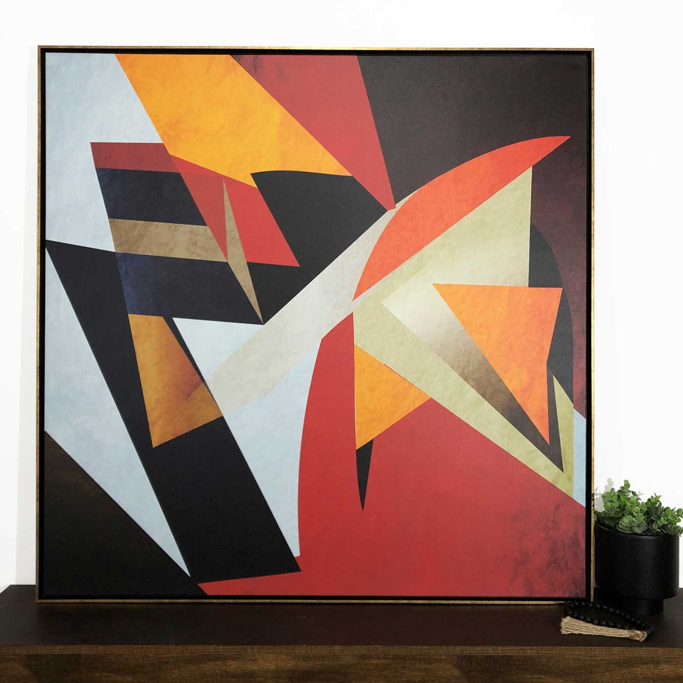 Quadro em Canvas Abstrato: Formas Geométricas Coloridas com Moldura Dourada 120x120 CM