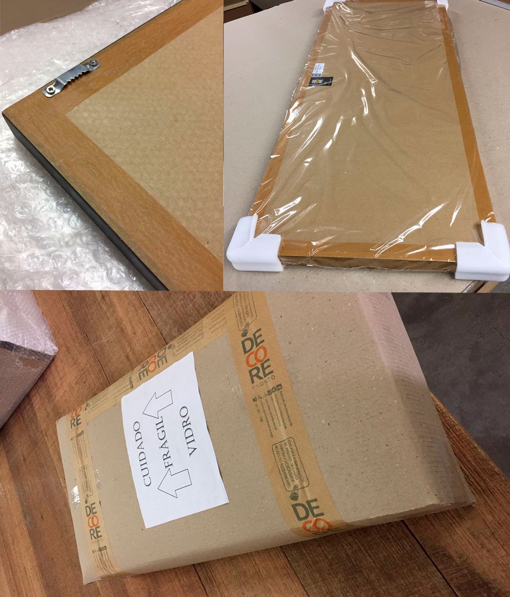 Papel Kraft, cantoneiras de papelão duplo ou polietileno, plástico termo encolhível, plástico bolha, caixa de papelão e avisos de mercadoria frágil, para um transporte ainda mais seguro contra avarias.