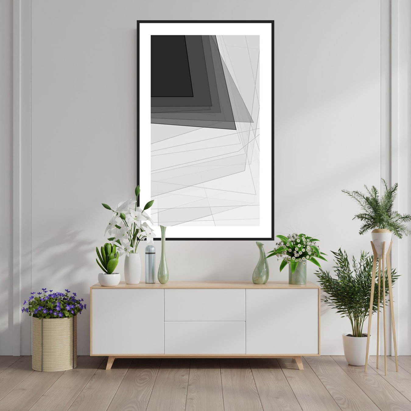Quadro Geométrico Abstrato em Preto e Branco Decorativo - Escolha o Tamanho