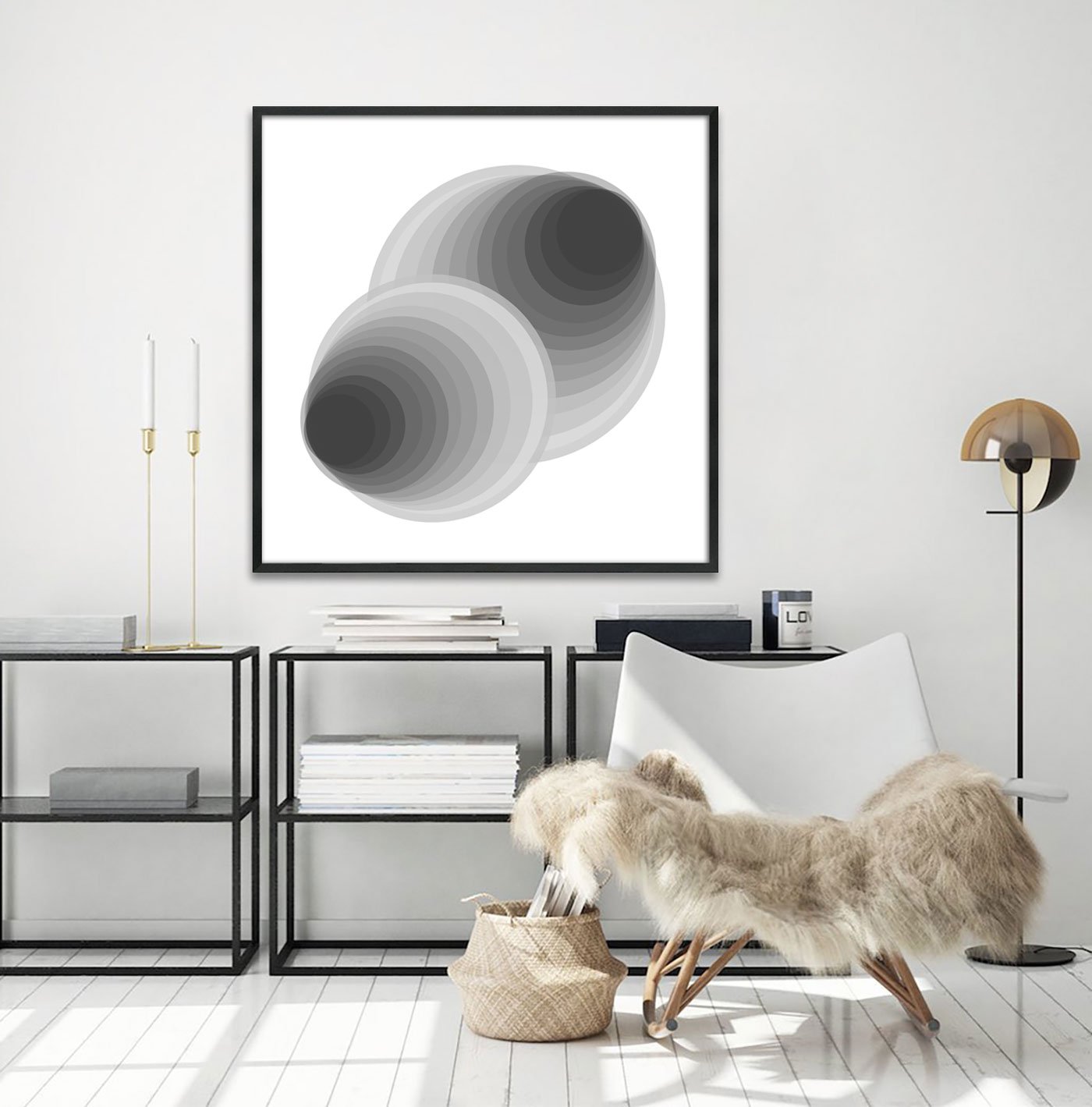 Quadro Geométrico Profundo Circular Abstrato Preto e Branco com Moldura e Vidro Quadro Geométrico Profundo Circular Abstrato Preto e Branco com Moldura e Vidro