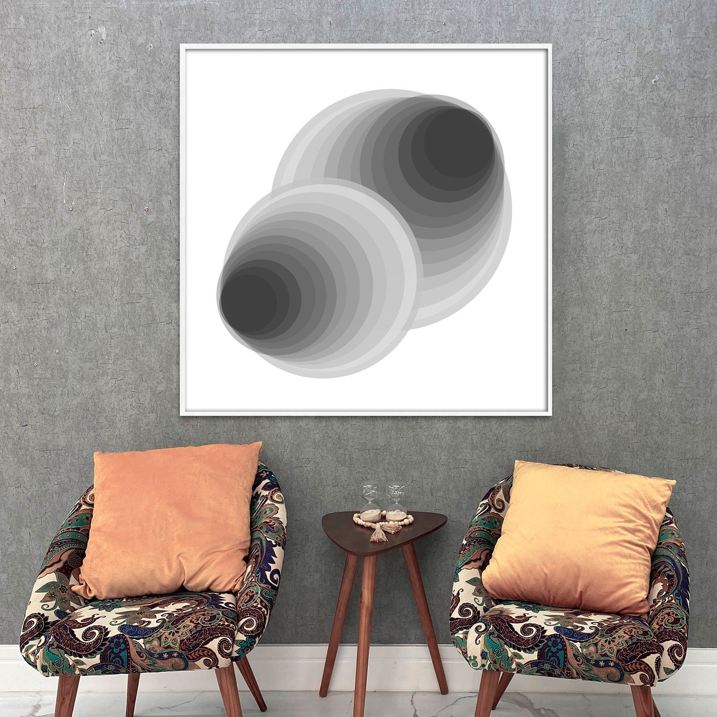 Quadro Geométrico Profundo Circular Abstrato Preto e Branco com Moldura e Vidro Quadro Geométrico Profundo Circular Abstrato Preto e Branco com Moldura e Vidro