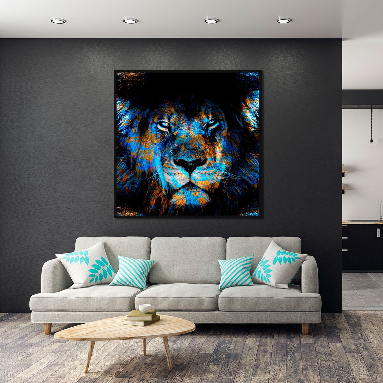 Quadro Grande Leão Colorido Tons Azuis para Sala 100x100 cm