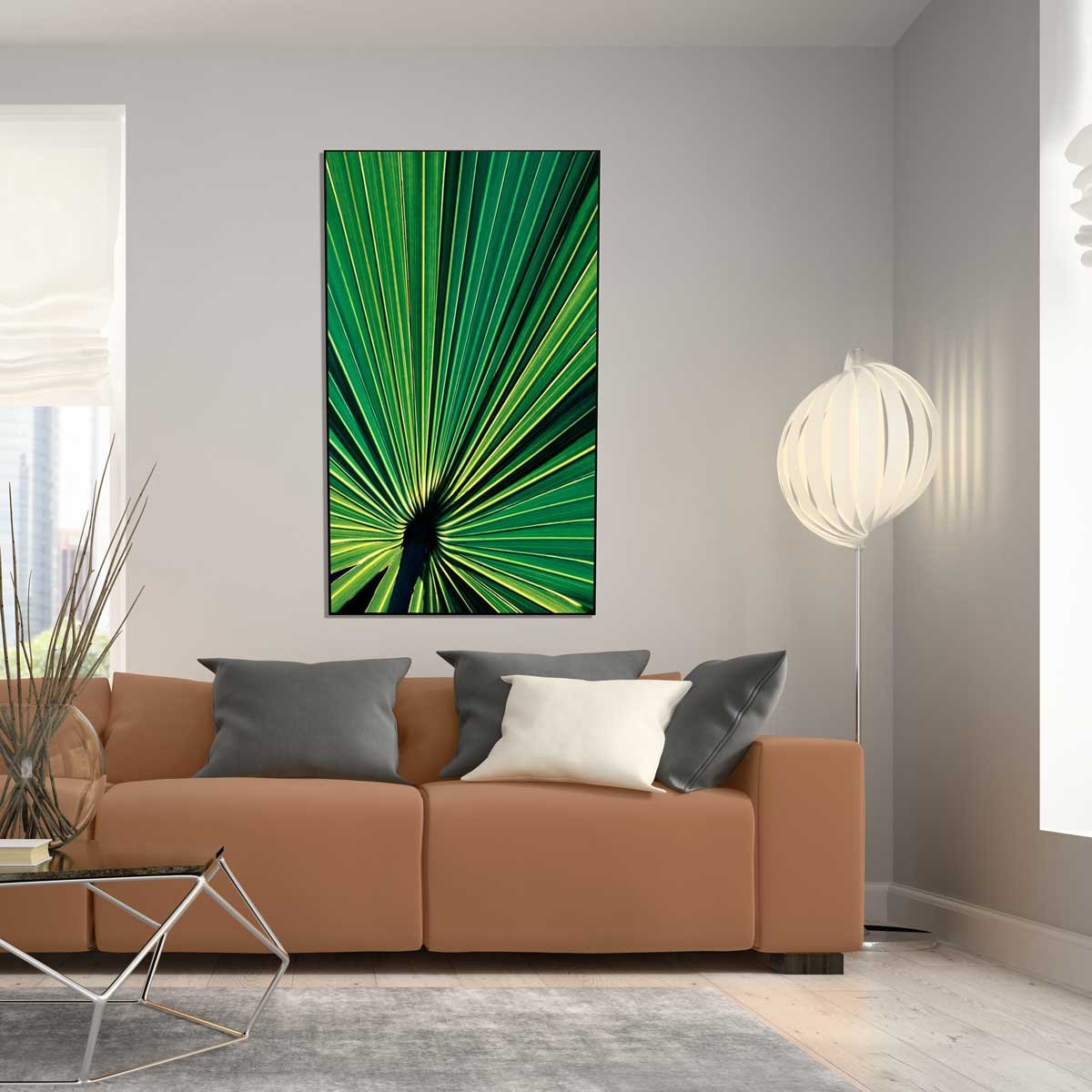 Quadro decorativo com impressão em vidro, quadro moderno com imagem viva, folhas de palmeira. 