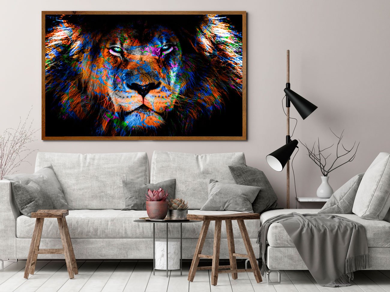 Quadro Leão de Judá Colorido com Moldura Rústica 150x100 cm