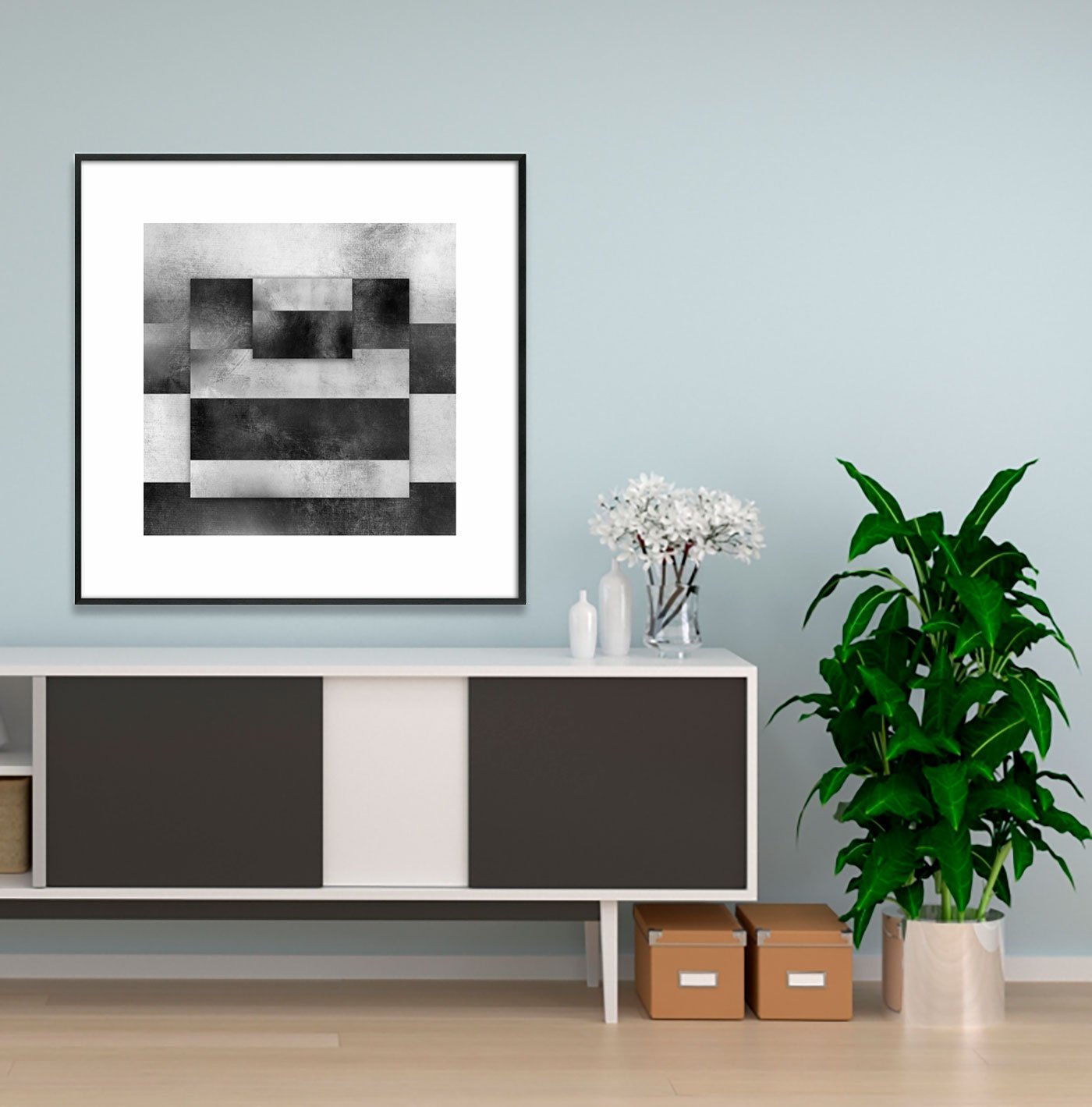 Quadro Preto e Branco Geométrico Sobreposto Abstrato com Moldura e Vidro Quadro Preto e Branco Geométrico Sobreposto Abstrato com Moldura e Vidro