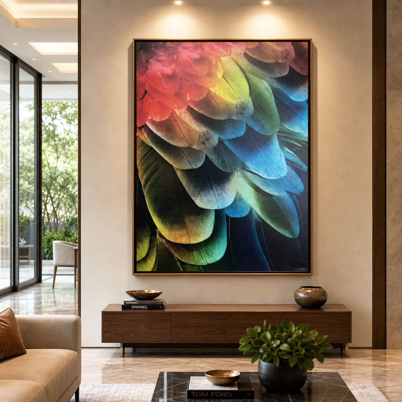 Quadro Tela Canvas Arte Abstrata Penas de Arara Colorida Sofisticada 90x120 CM