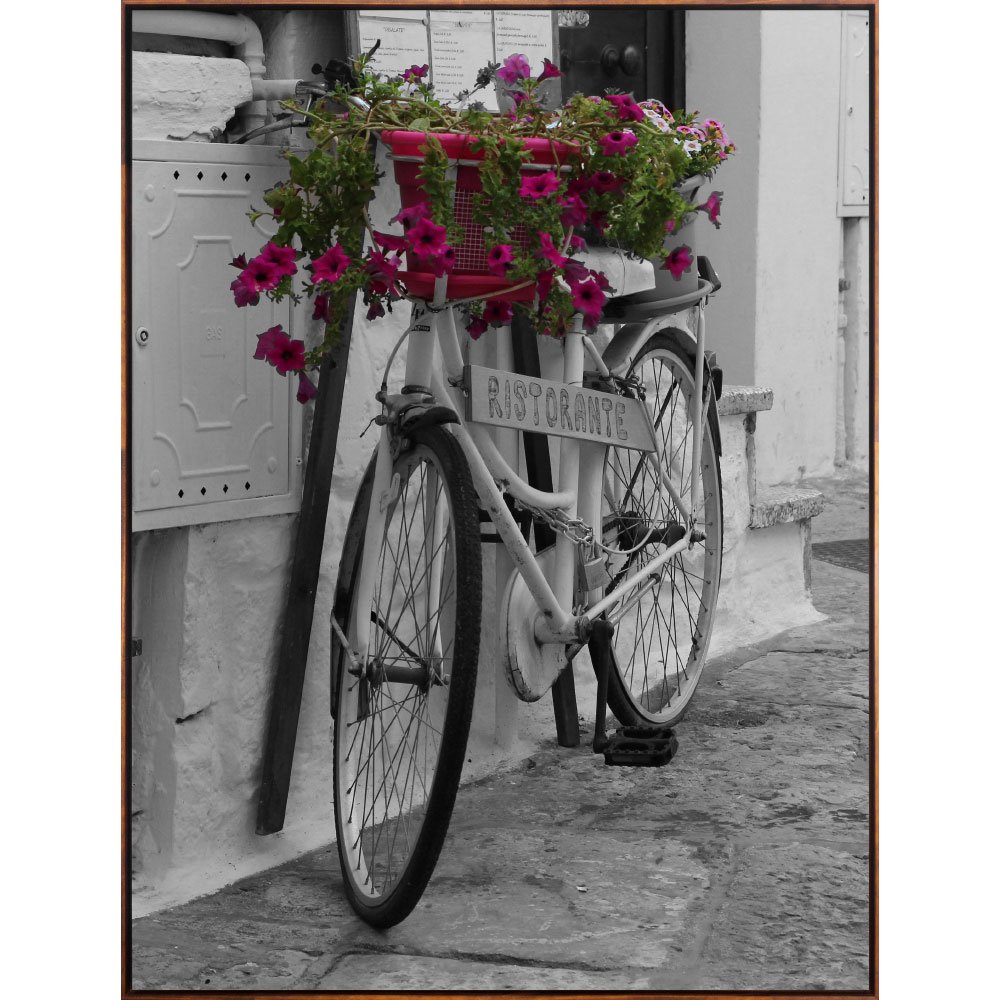 Quadro Tela Canvas Bicicleta em Preto e Branco Flores Coloridas 90x120 cm