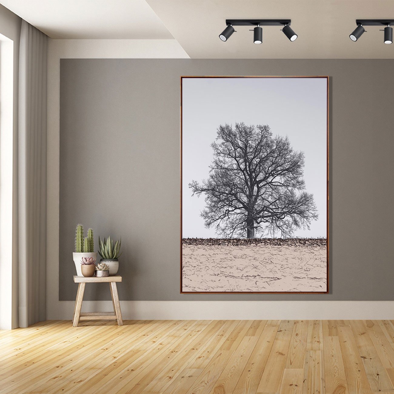Quadro Tela Decorativa com Moldura Marrom Árvore Paisagem 100x150cm