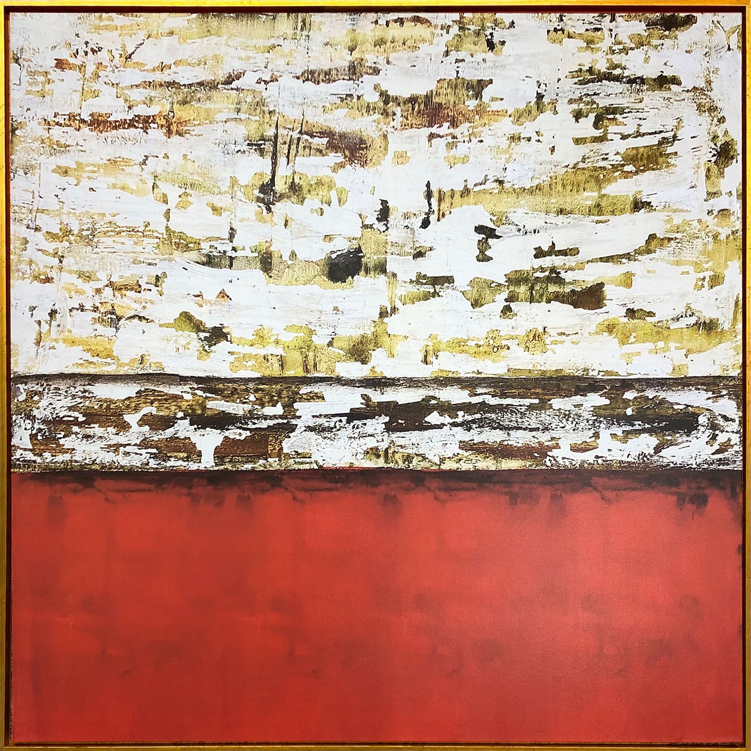 Tela Canvas Abstrata com Moldura Flutuante Dourada Arte Vibrante em Vermelho e Dourado 150x150 cm