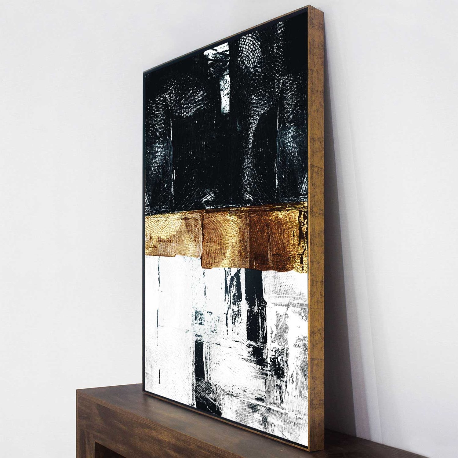 Tela Canvas Arte Abstrata Moderna com Moldura Flutuante Dourada 90x120 cm