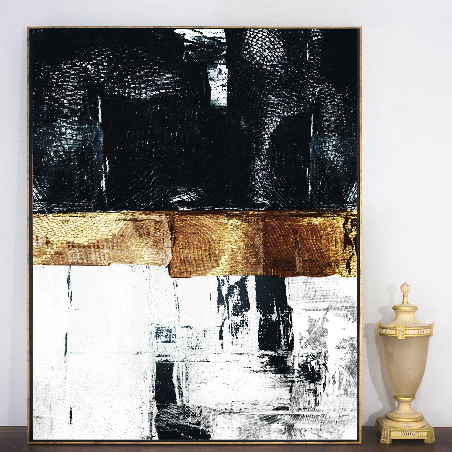 Tela Canvas Arte Abstrata Moderna com Moldura Flutuante Dourada 90x120 cm