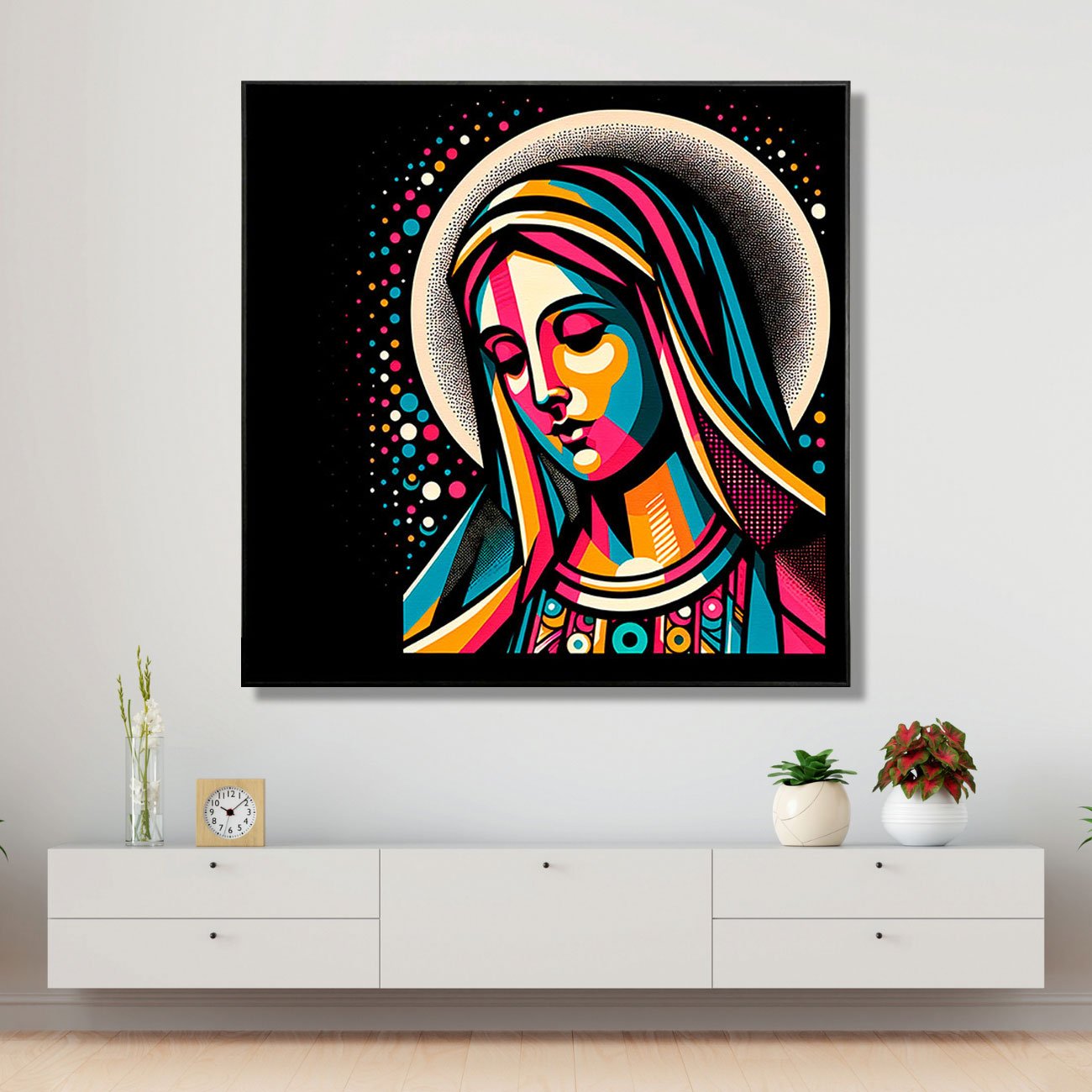 Tela Canvas Colorida com Moldura Preta Arte Moderna Virgem Maria