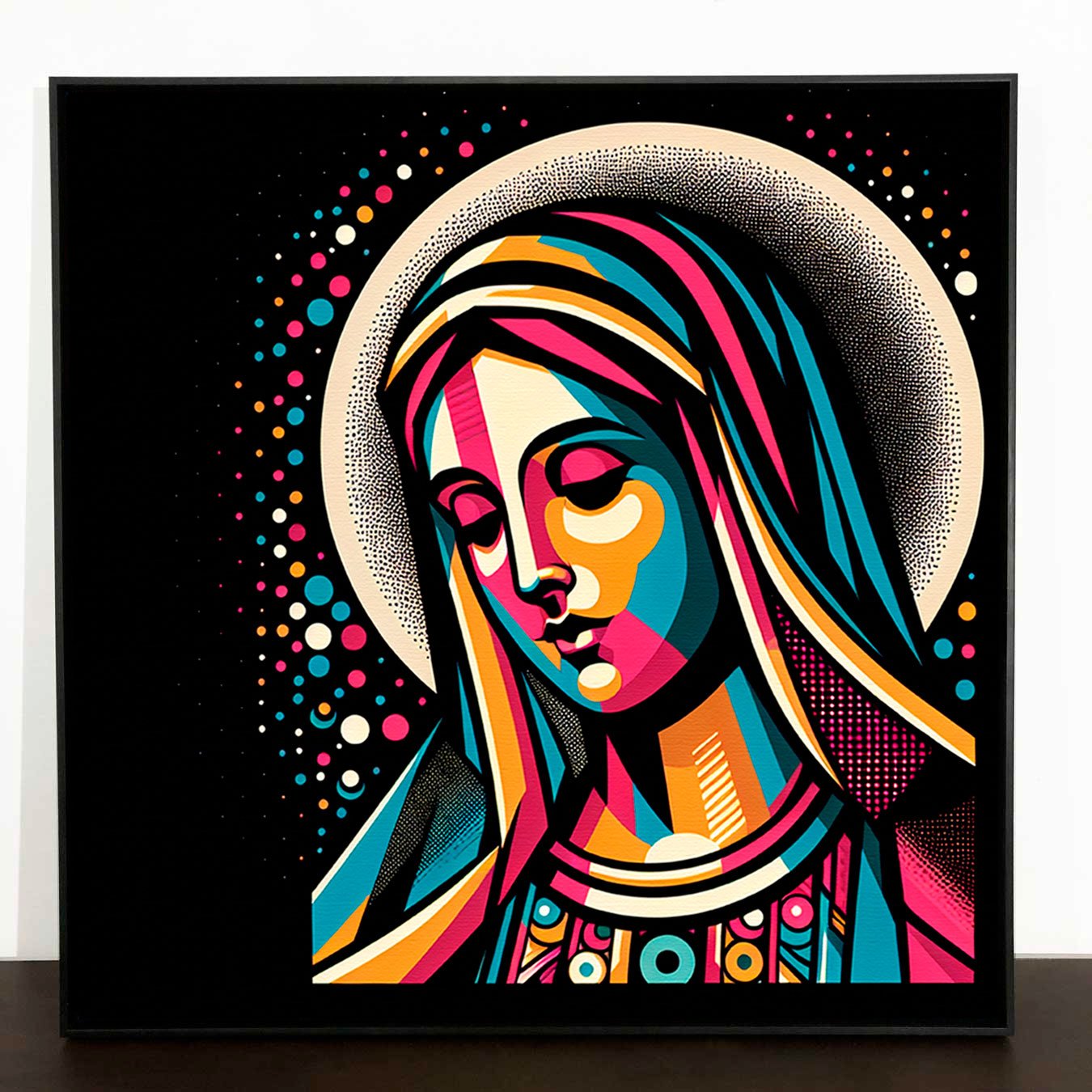 Tela Canvas Colorida com Moldura Preta Arte Moderna Virgem Maria