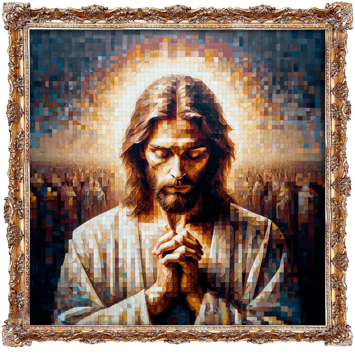 Tela Canvas com Moldura Clássica Dourada Arte Jesus Geométrica Colorida