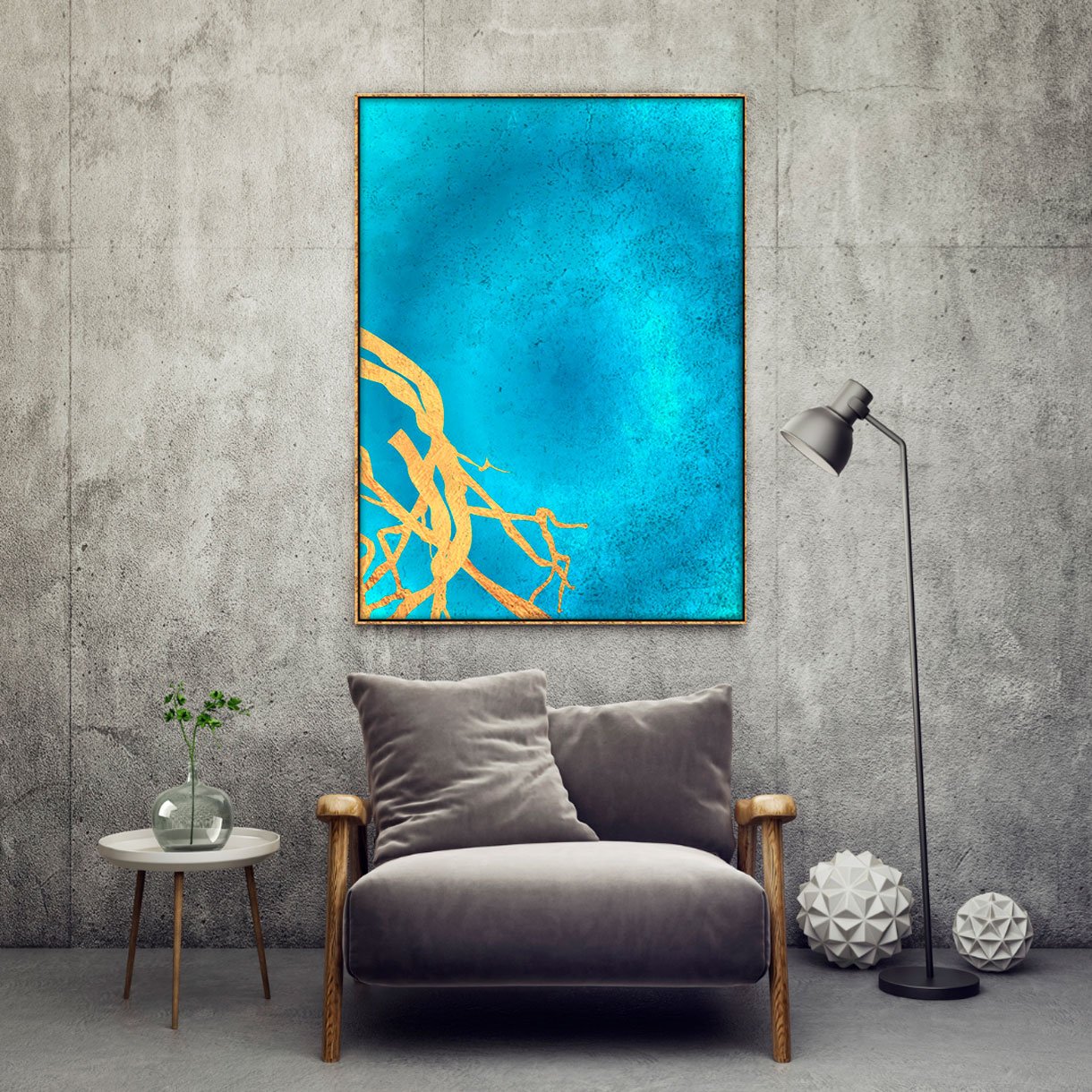 Tela Canvas com Moldura Dourada Arte Moderna Blue e Gold 90x120 cm