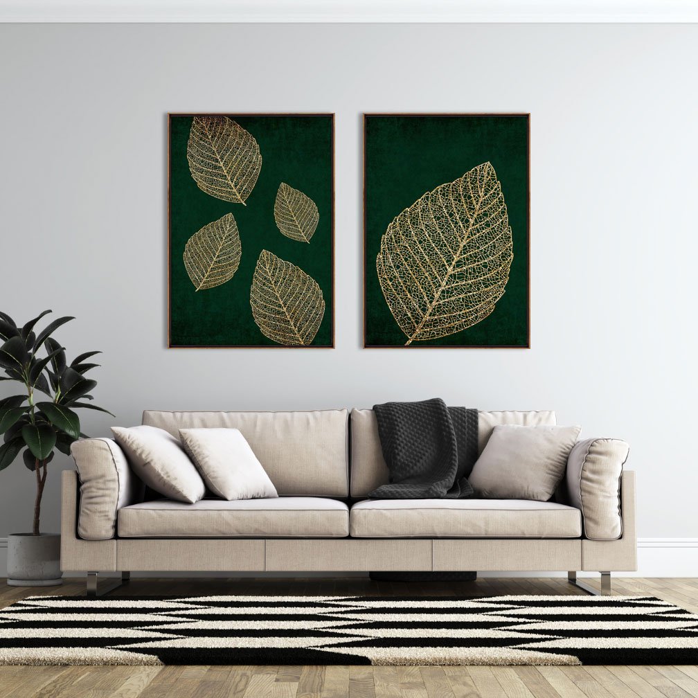 Tela Canvas Decorativa com Moldura Folhas em Fundo Verde 70x100 cm