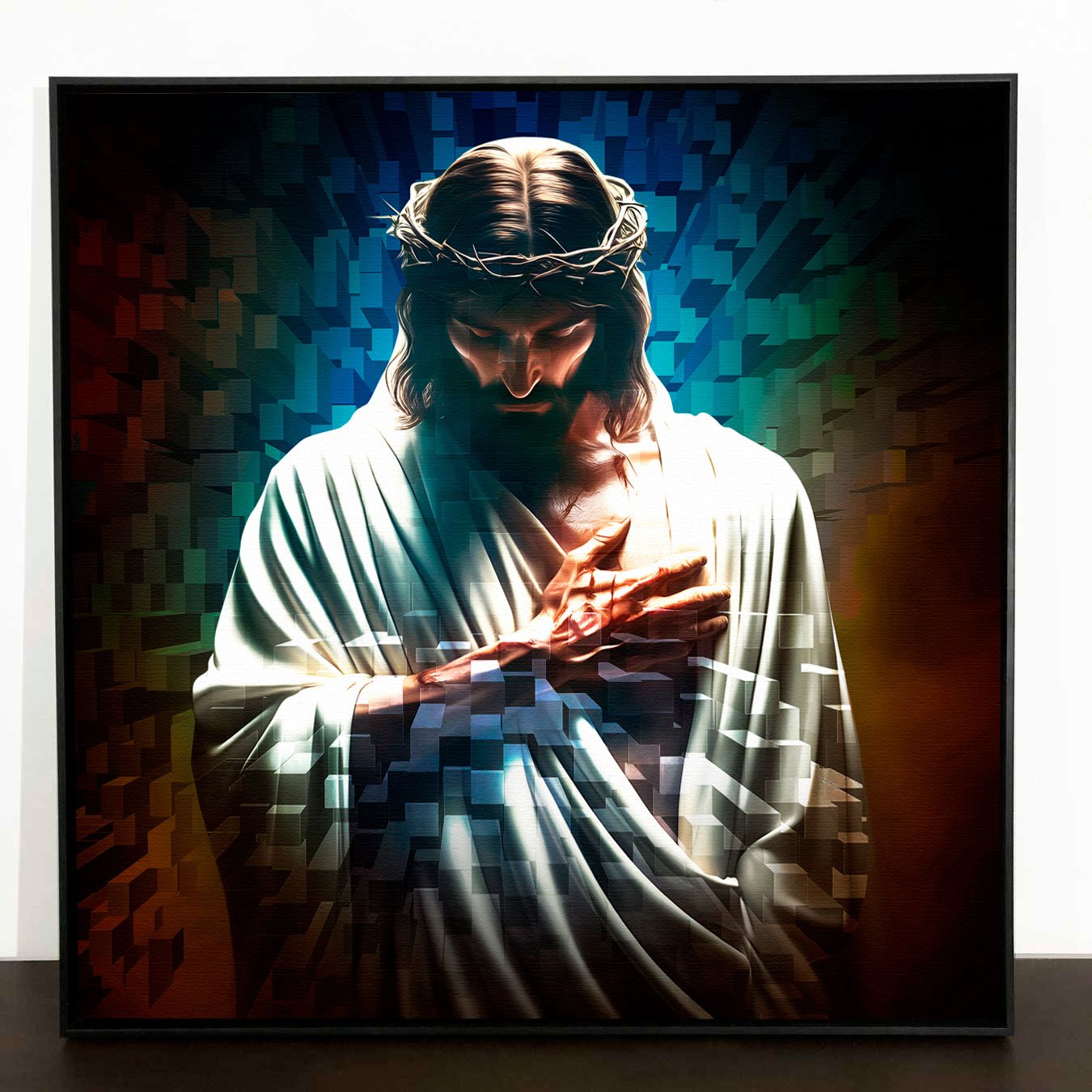 Tela Canvas Geométrica Colorida com Moldura Preta Jesus com Coroa de Espinhos