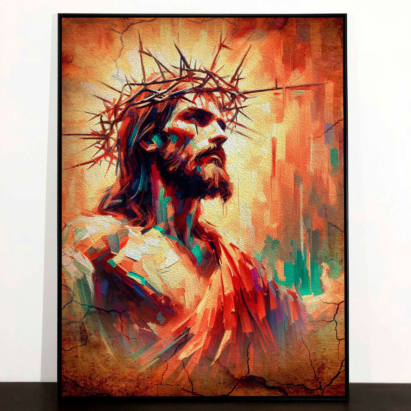 Tela Canvas Jesus com Coroa de Espinhos Arte Abstrata Colorida com Moldura Preta