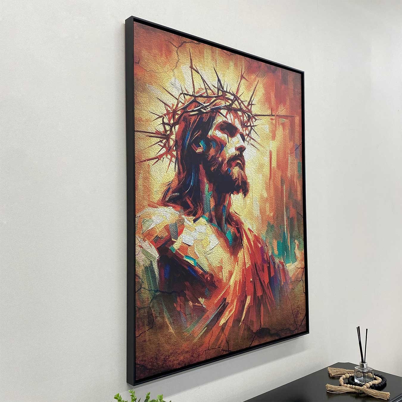 Tela Canvas Jesus com Coroa de Espinhos Arte Abstrata Colorida com Moldura Preta