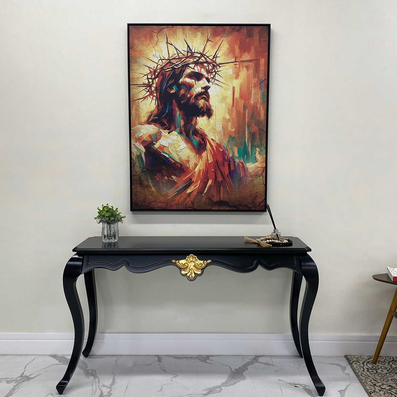 Tela Canvas Jesus com Coroa de Espinhos Arte Abstrata Colorida com Moldura Preta