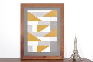 Quadro Abstrato Decor Amarelo e Cinza com Moldura Rústica 70x90cm