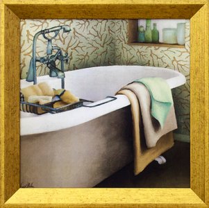 Quadro Decorativo com Moldura Dourada Banheira Branca com Toalhas 30x30cm Quadro Decorativo com Moldura Dourada Banheira Branca com Toalhas 30x30cm