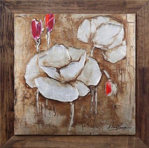 Quadro Decorativo Tela com Moldura Rústica Flores Brancas e Vermelhas 120x120cm