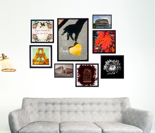 Kit com 8 Quadros Decorativos Frases Paris Coliseu Londres e Floral