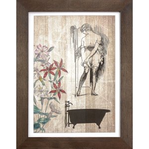 Quadro Pequeno com Moldura Rústica Banheira, Mulher e Flores em Tom Envelhecido 25x35cm Quadro Pequeno com Moldura Rústica Banheira, Mulher e Flores em Tom Envelhecido 25x35cm