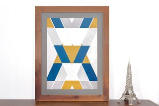 Quadro Abstrato Decor Amarelo, Azul e Cinza com Moldura Rústica 70x90cm