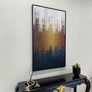 Canvas Abstrato com Moldura Preta Arte Brilho Dourado 80x130 cm