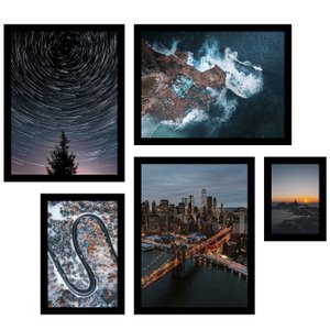 Conjunto de Quadros Decorativos Paisagens Noite Kit 5 Quadros