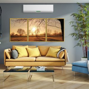 Conjunto de Quadros Paisagem Nascer do Sol: Decore com Estilo e Elegância Kit com 3 Quadros Moldura Dourada
