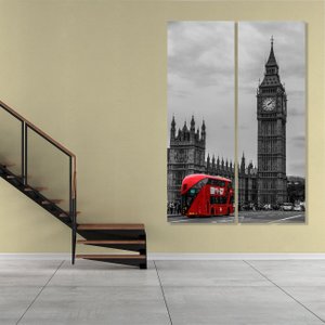 Conjunto de Quadros Telas Decorativas Londres Torre Big Ben Kit com 2 Quadros 266x400cm