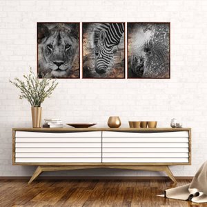 Conjunto Tela Canvas Animais em Preto e Branco Kit com 3 Quadros