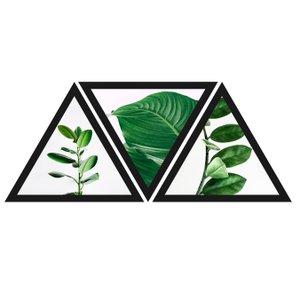 Conjunto Trio de Quadros Formato Triângulos Folhas Verdes 90x40cm